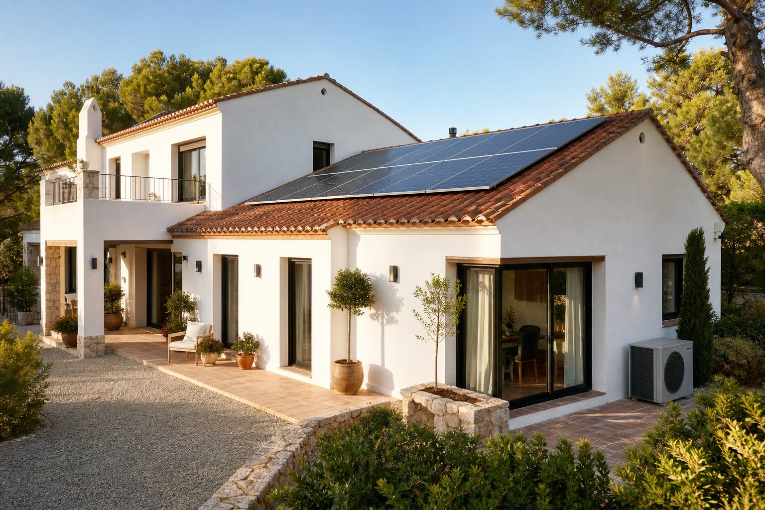 Vivienda española moderna y eficiente con placas solares en el tejado