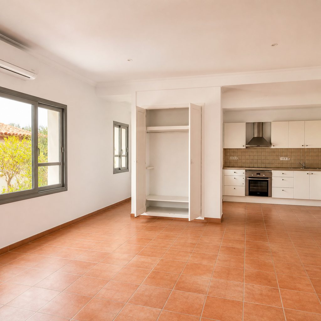 Piso vacío con armario empotrado, muebles de cocina integrados y aire acondicionado fijo, todo ello continente