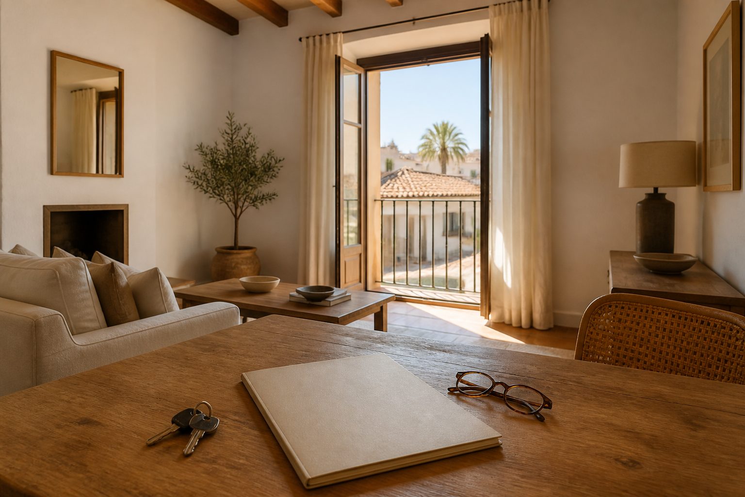 Salón luminoso de una vivienda mediterránea con llaves y documentos sobre una mesa de madera