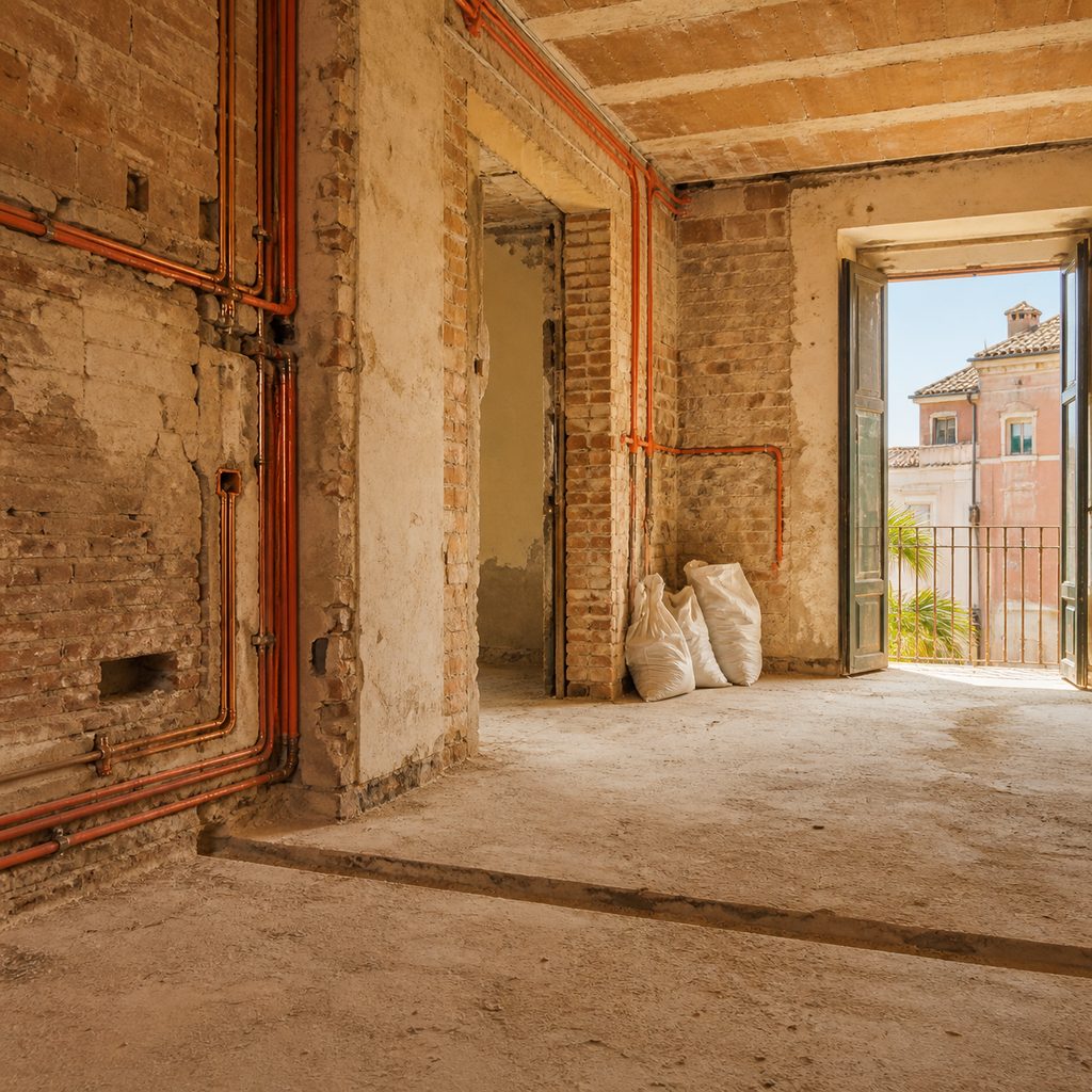 Vivienda vaciada durante una reforma integral, con tabiques demolidos e instalaciones a la vista