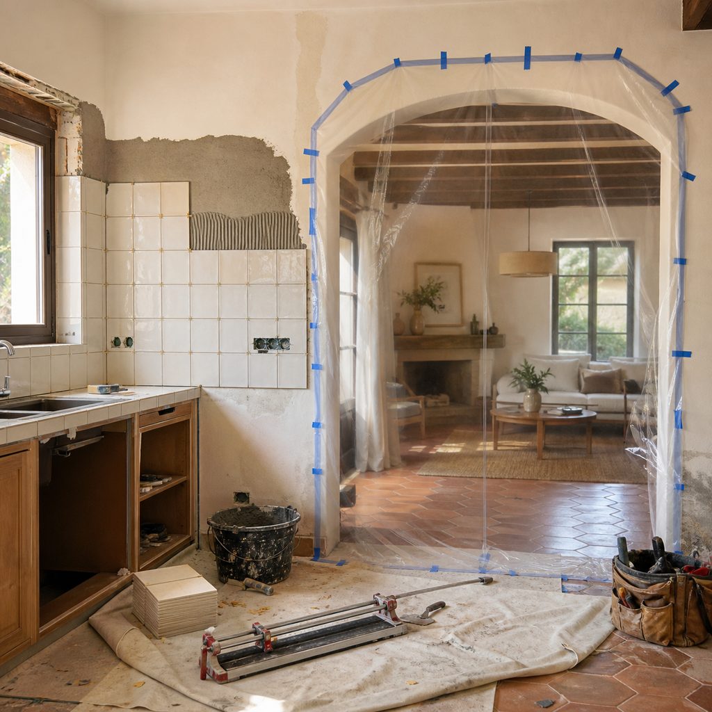 Cocina en obras protegida con plásticos mientras el resto de la vivienda sigue habitada