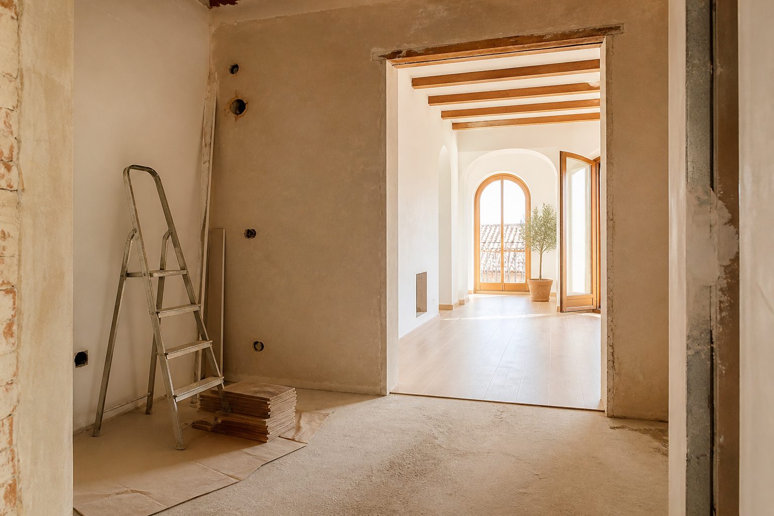 Piso español en obras visto desde el pasillo, con una estancia sin acabar y otra ya terminada al fondo