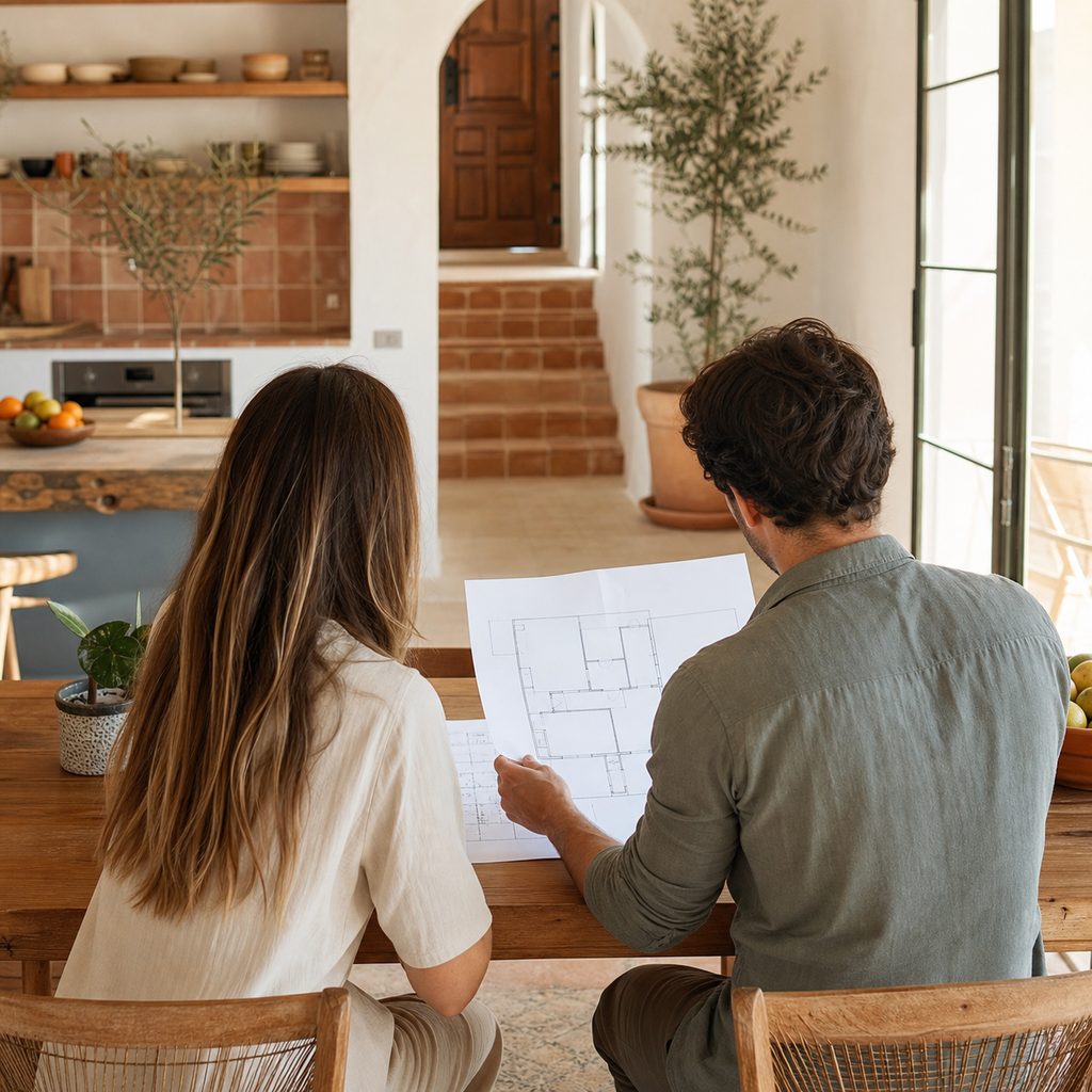 Pareja revisando documentación y un plano antes de solicitar una vivienda protegida