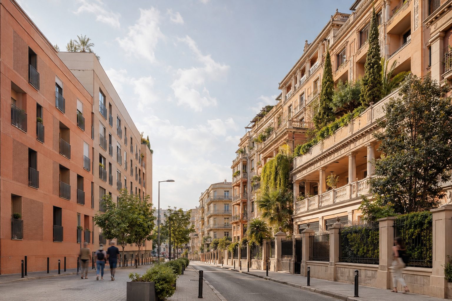 Bloque de viviendas de protección oficial junto a un edificio residencial de vivienda libre en una ciudad española