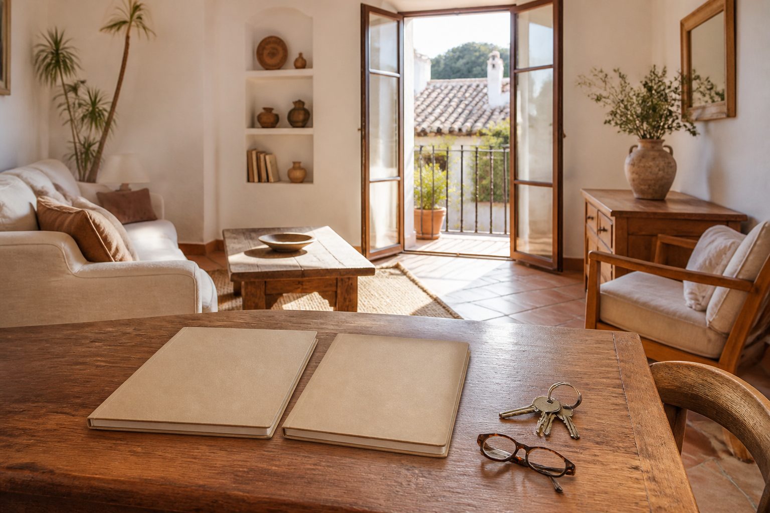 Mesa de madera junto a un balcón con carpetas de documentos y llaves de una vivienda española luminosa
