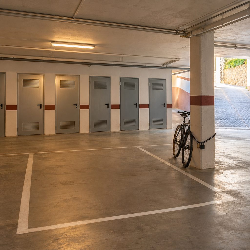 Plaza de garaje abierta en un garaje comunitario con una bicicleta atada a una columna y trasteros cerrados al fondo