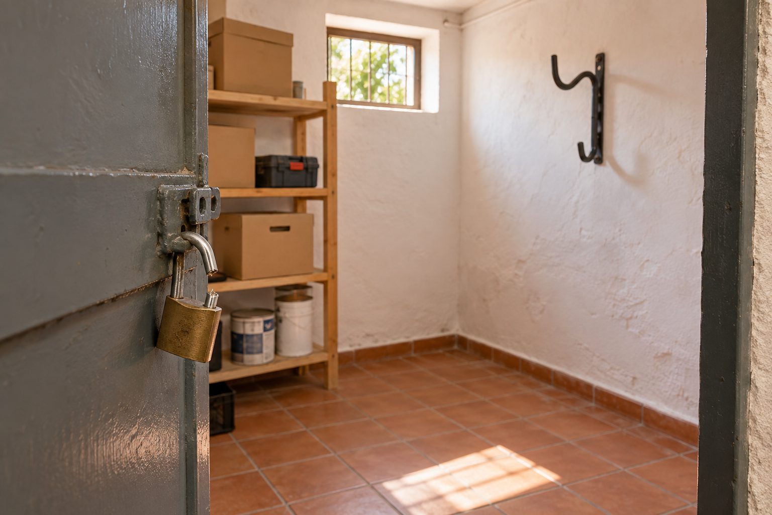 Trastero con la puerta entreabierta y un candado cortado, con el hueco vacío donde estaba colgada la bicicleta
