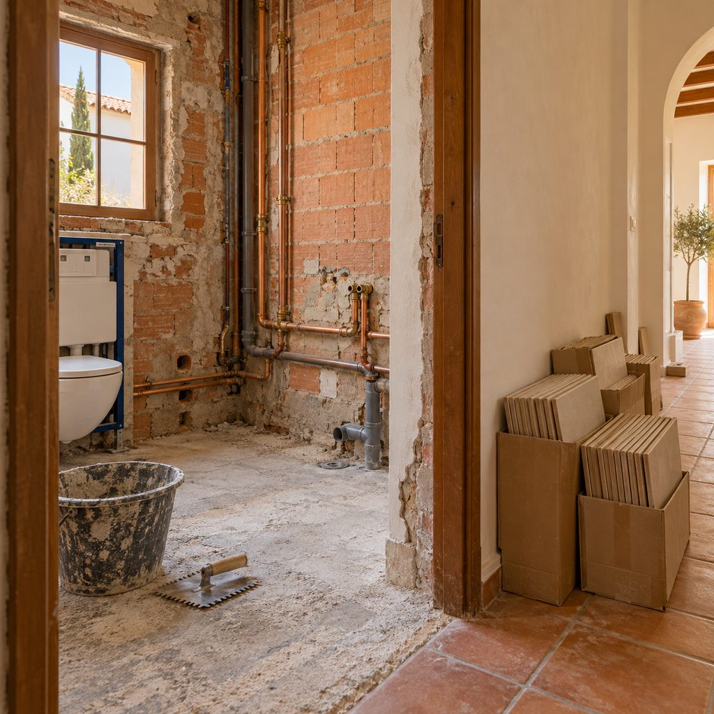 Baño en obras con las tuberías a la vista y cajas de baldosas sin instalar apiladas en el pasillo