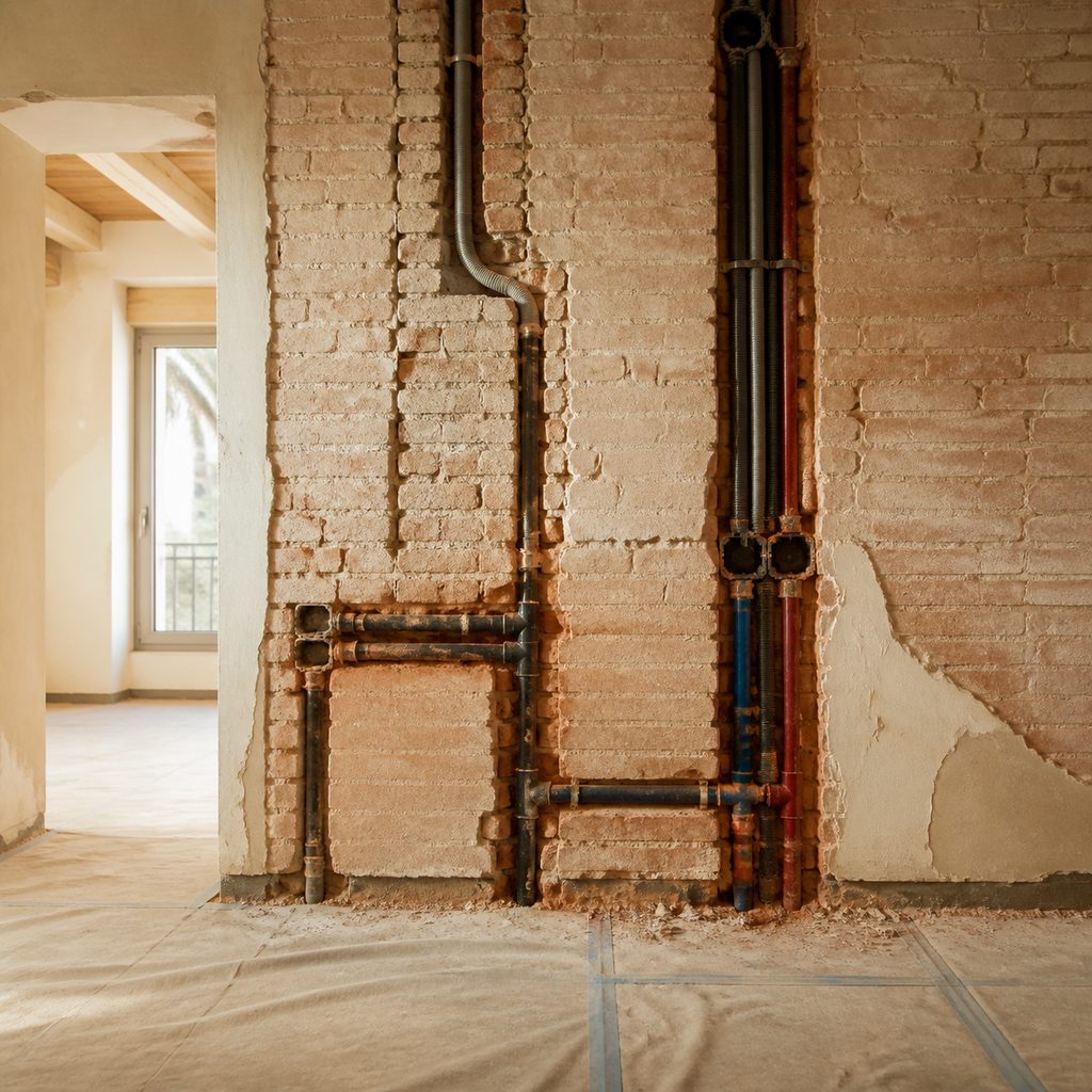 Pared de obra con rozas abiertas y tubos de electricidad y fontanería empotrados