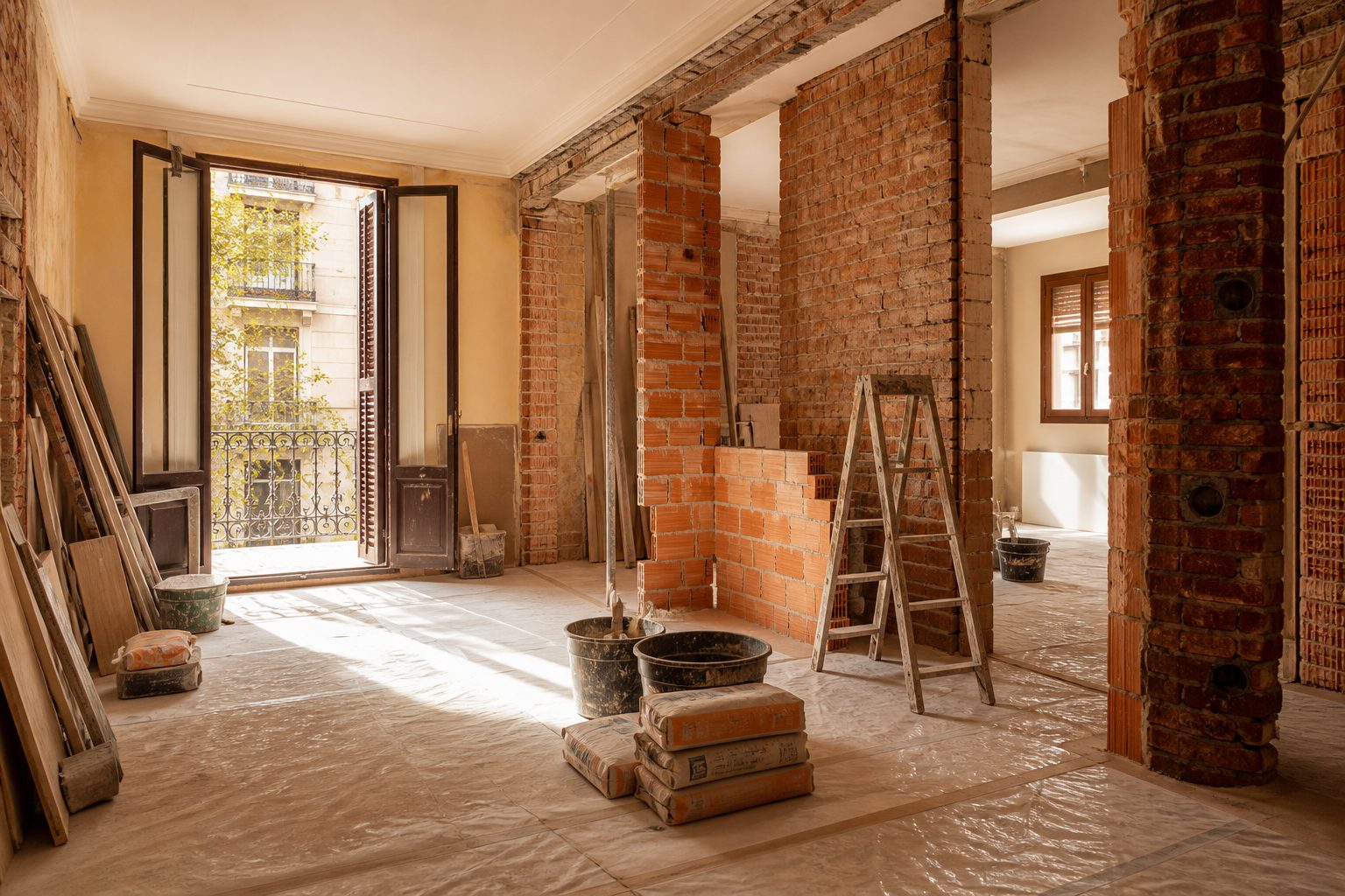 Salón de un piso en plena reforma integral con tabiques nuevos y material de obra