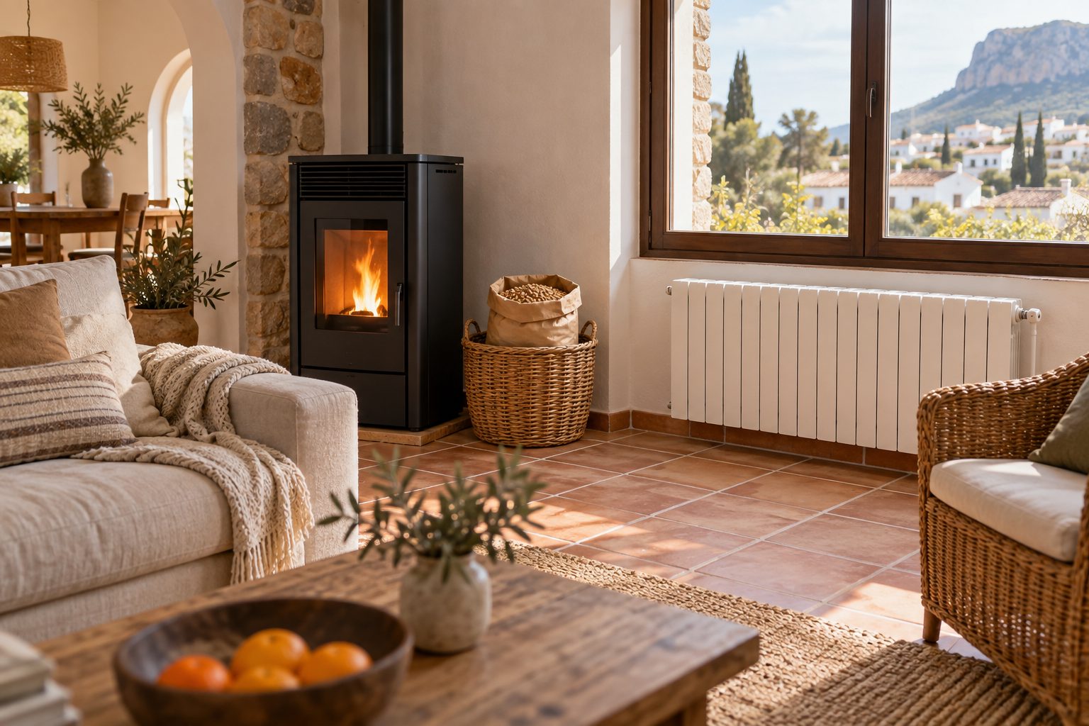 Salón de una casa unifamiliar española con estufa de pellets encendida junto a un radiador de gas bajo la ventana