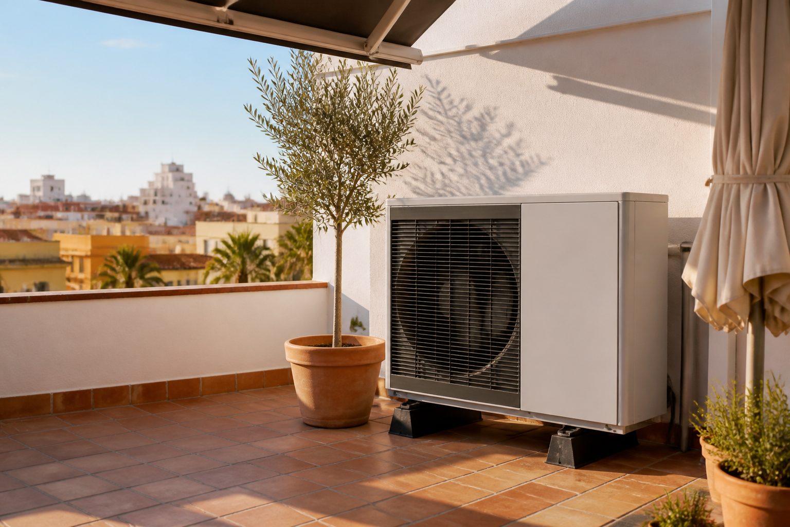Unidad exterior de aerotermia instalada en la terraza de una vivienda valenciana con luz de tarde