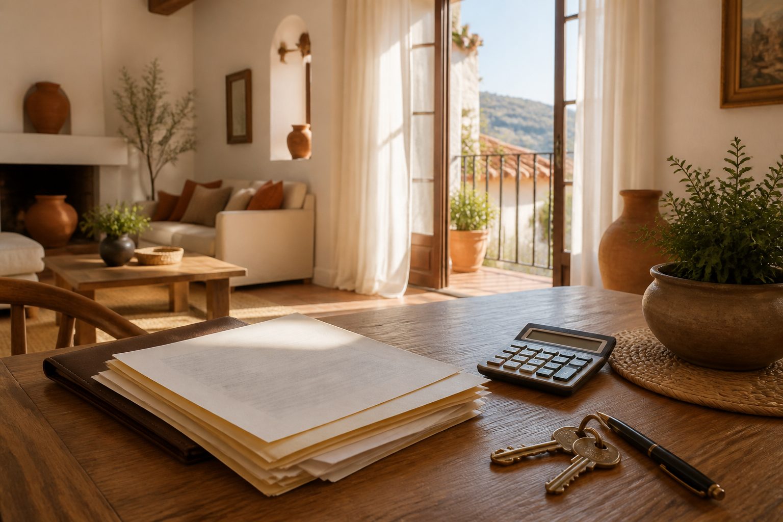 Escritura de compraventa, calculadora y llaves sobre una mesa de madera en un salón luminoso