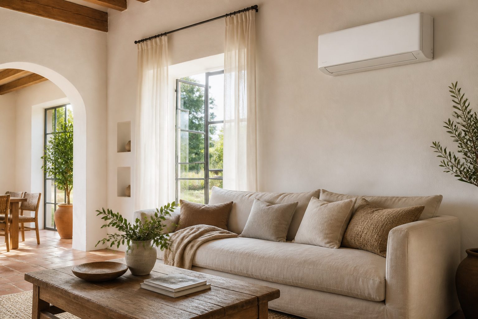 Split de aire acondicionado instalado en el salón luminoso de una vivienda española en verano