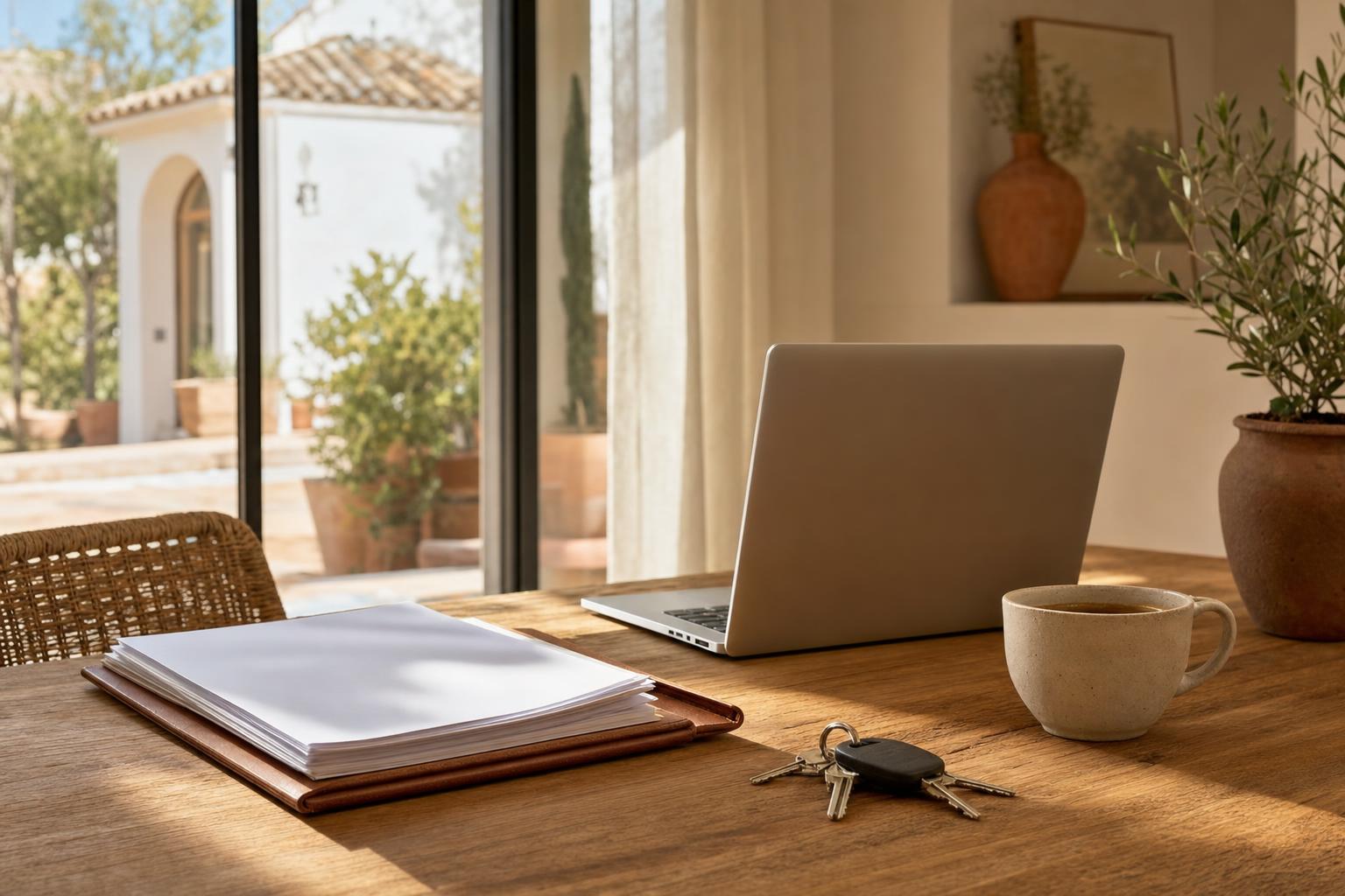 Mesa de comedor iluminada con documentos, un portátil y las llaves de casa