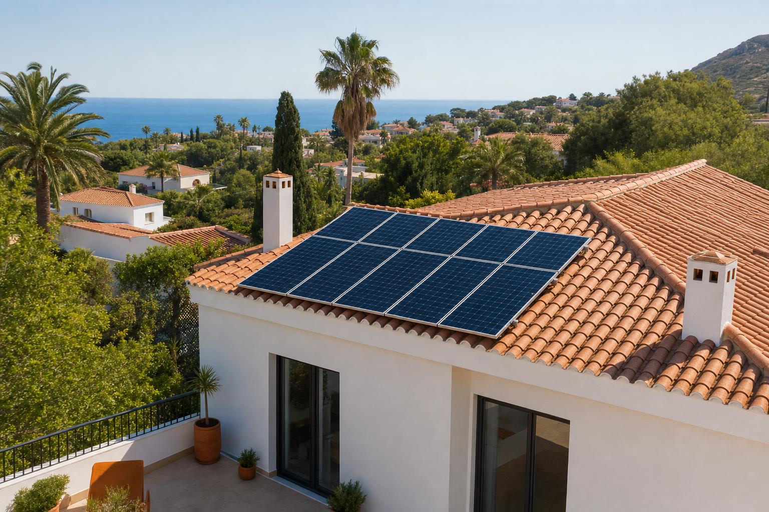 Instalación de placas solares sobre el tejado de una vivienda unifamiliar en España