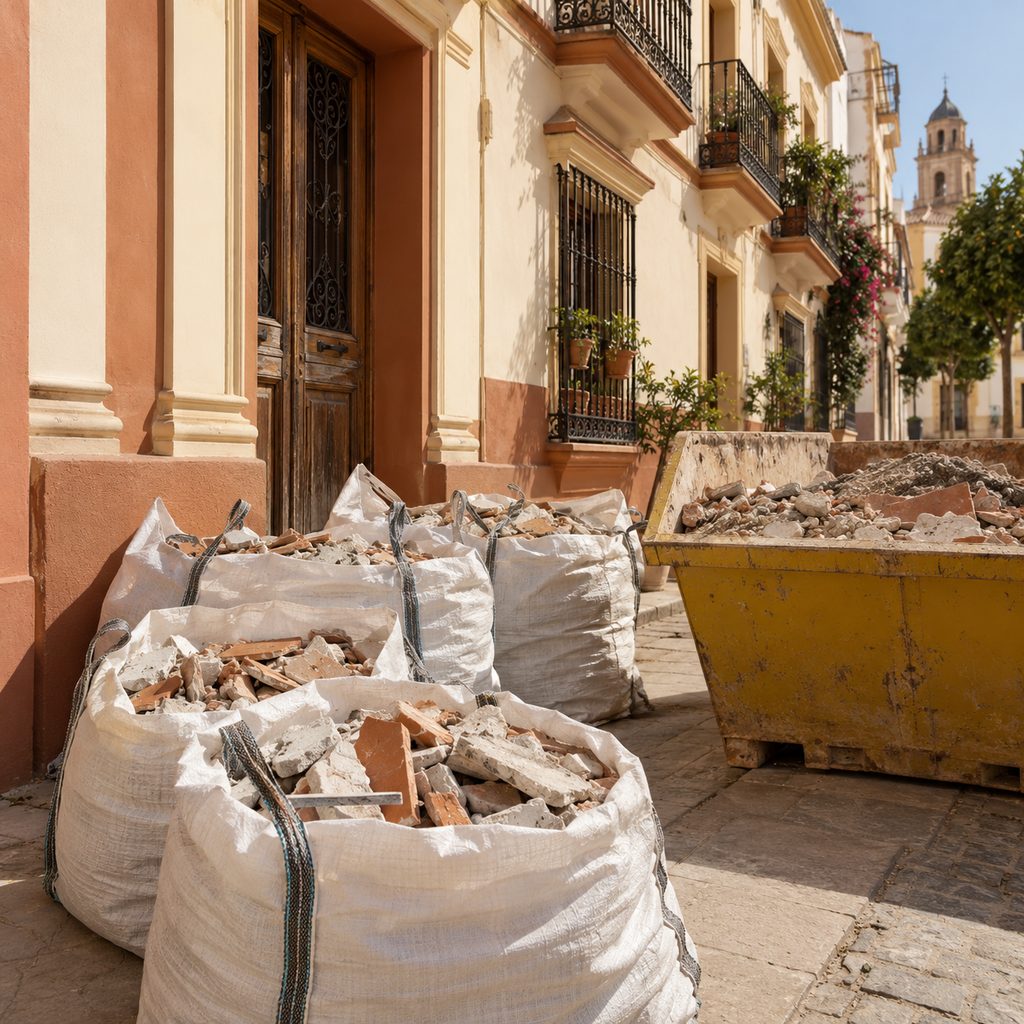 Sacas de escombros y un contenedor de obra en la acera frente a un edificio de viviendas