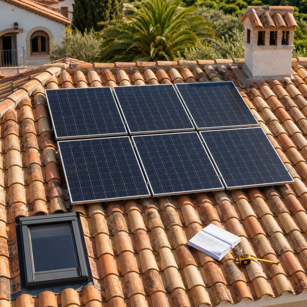 Faldón de tejado con seis paneles solares y espacio libre alrededor de la chimenea y una claraboya
