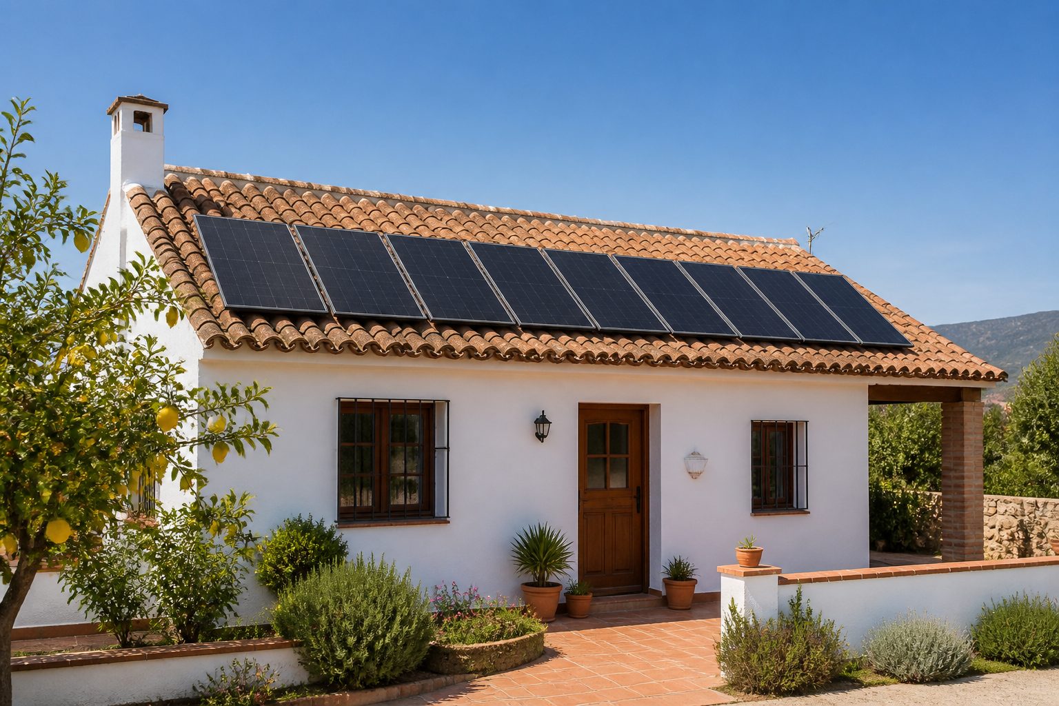 Tejado de teja de una casa unifamiliar de tamaño medio en España con una fila de paneles solares orientados al sur