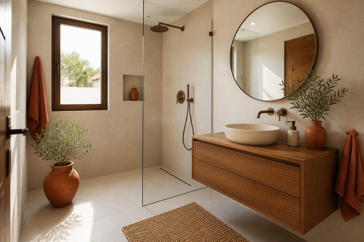 Baño pequeño reformado con ducha a ras de suelo, azulejo claro de gran formato y mueble suspendido en tonos terracota
