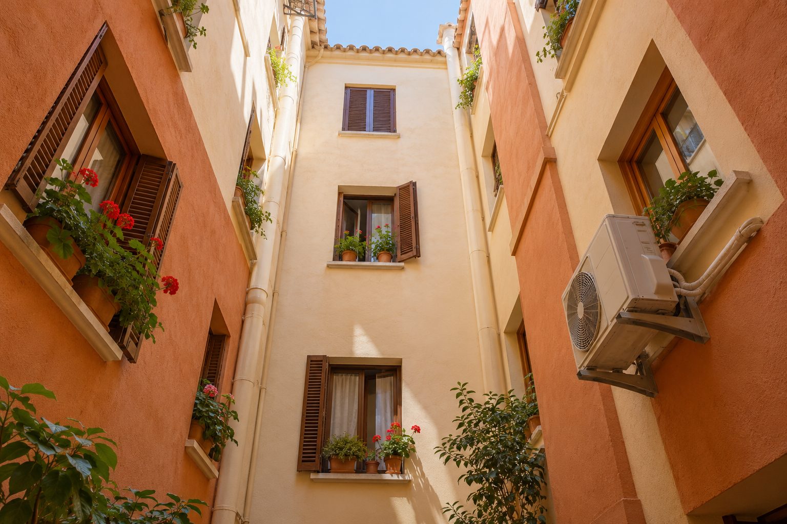 Patio de luces de un bloque de pisos español con una unidad exterior de aerotermia colgada en la fachada interior