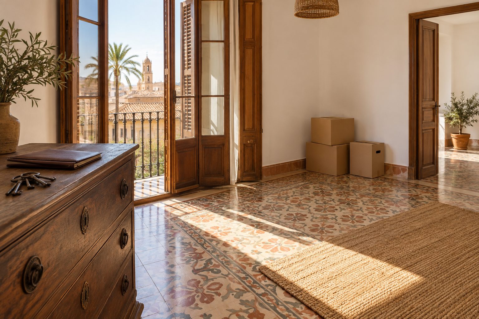 Piso mediterráneo vacío y luminoso con llaves y carpeta de documentos sobre una cómoda antigua