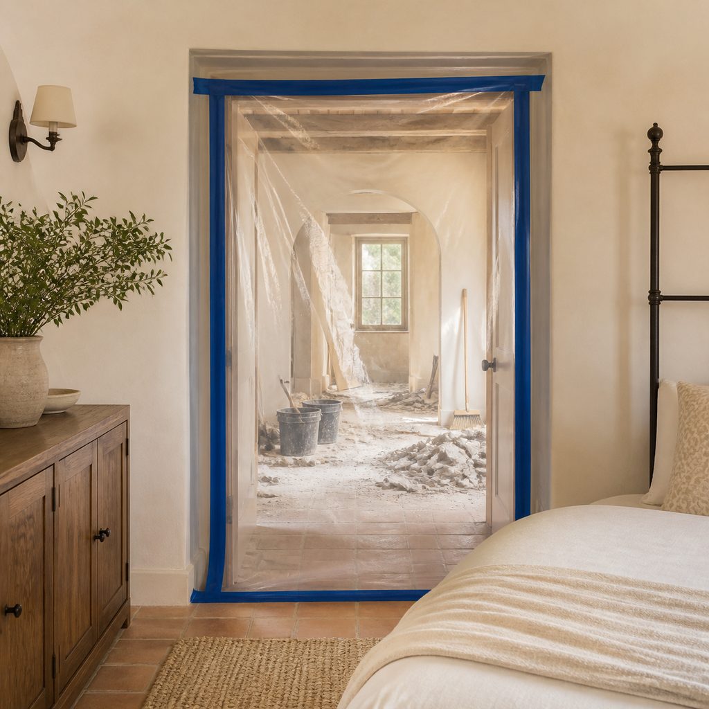 Puerta interior sellada con plástico y cinta que separa la zona de obra de la zona habitable