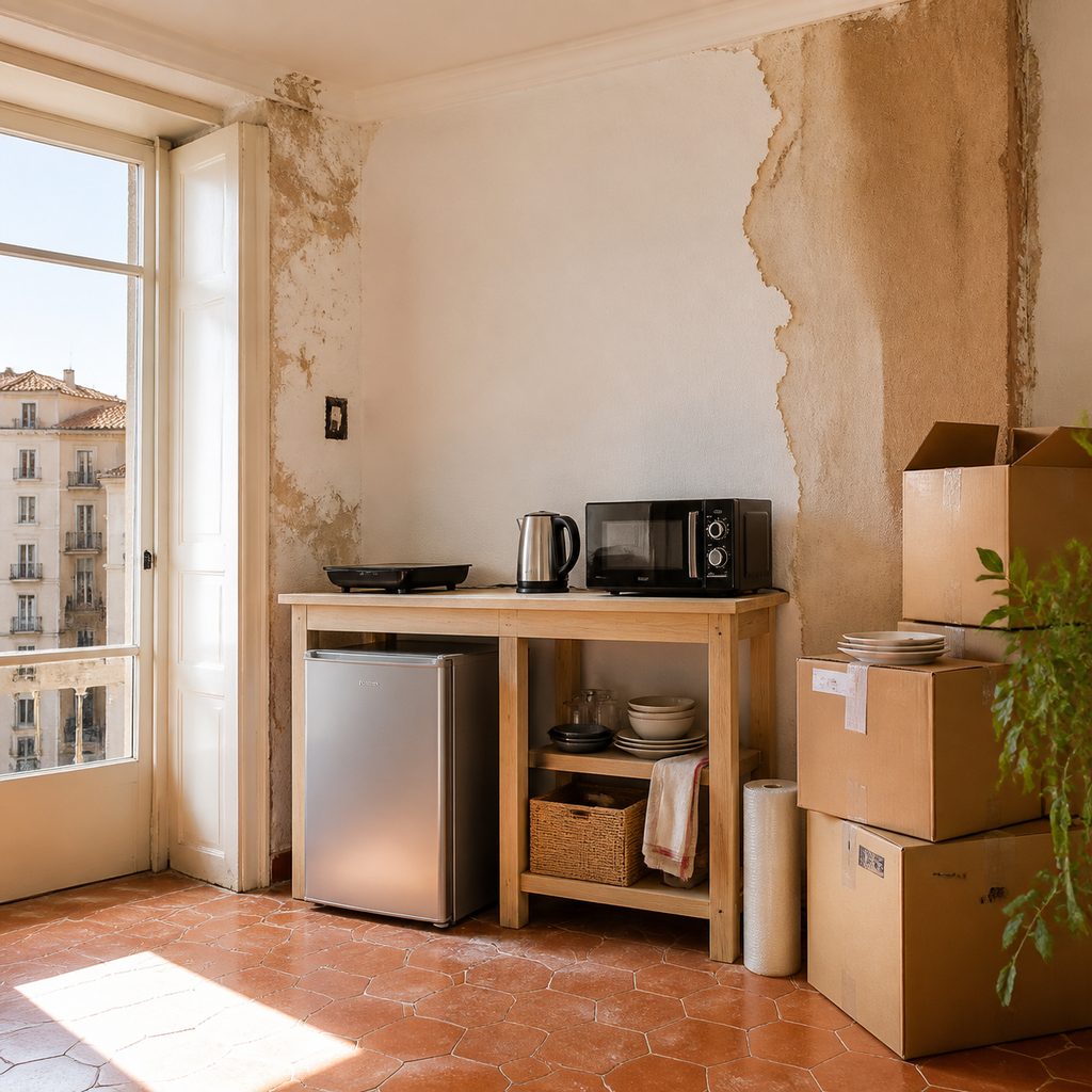 Cocina provisional con placa portátil y microondas montada en una esquina durante la reforma