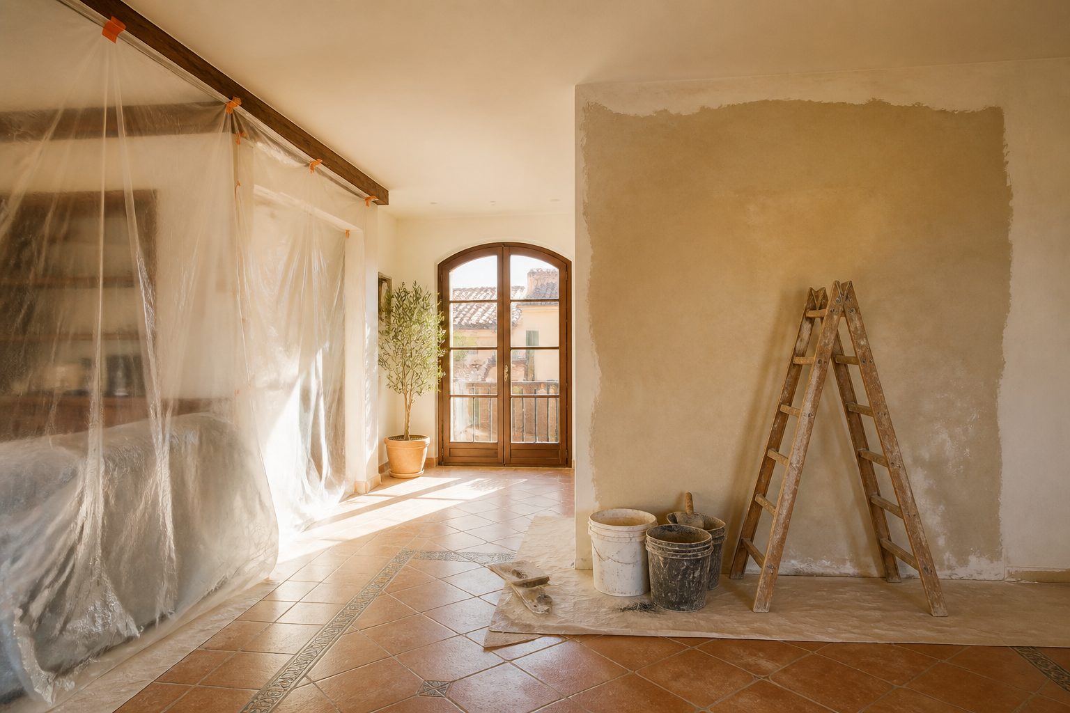 Salón de un piso español en plena reforma, con una zona protegida con plásticos y luz natural