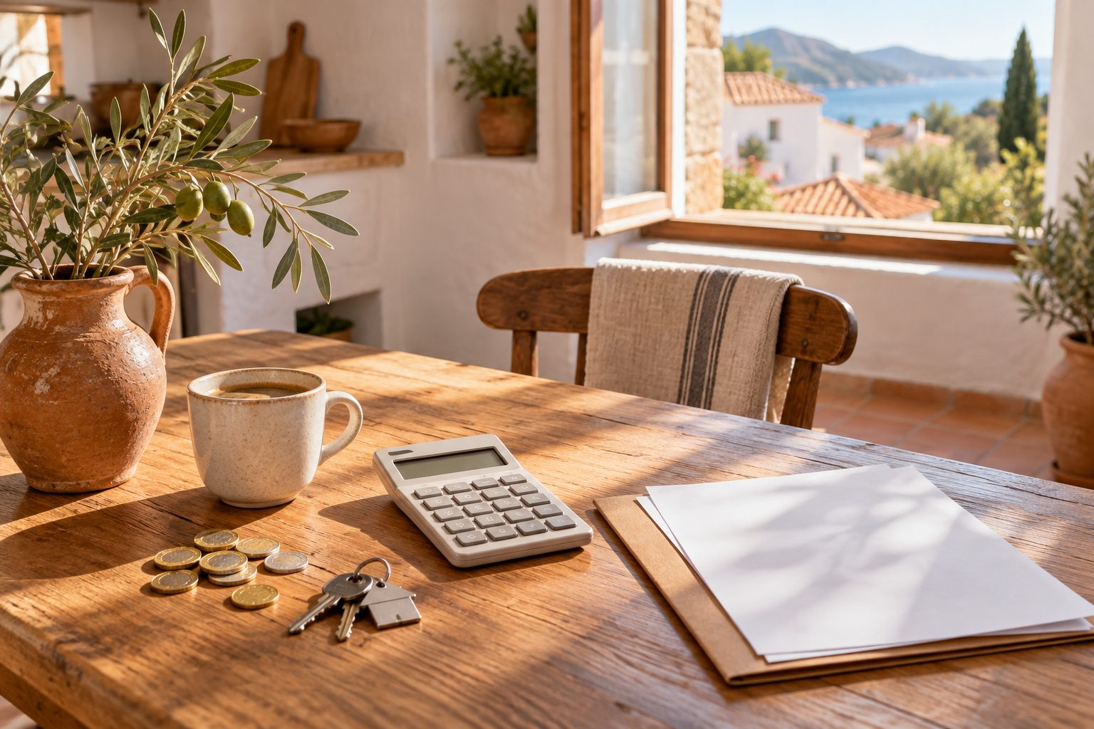 Mesa de cocina con una calculadora, documentos de una póliza, monedas y las llaves de casa