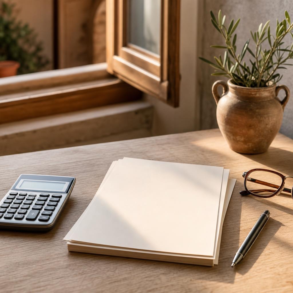Documentos de un contrato de alquiler y una calculadora sobre una mesa clara junto a una ventana
