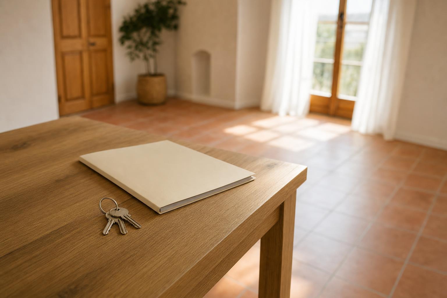 Llaves de un piso de alquiler y una carpeta de documentos sobre una mesa de madera junto a una ventana soleada