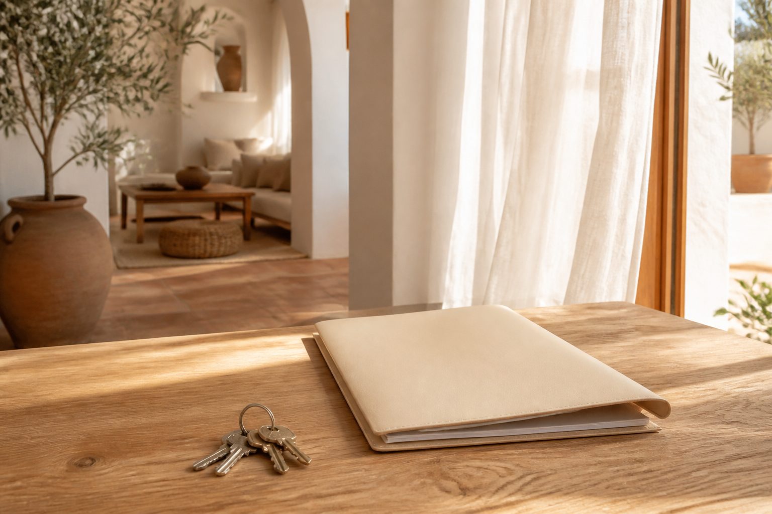 Llaves de una vivienda y una carpeta de documentos sobre una mesa de madera junto a una ventana soleada